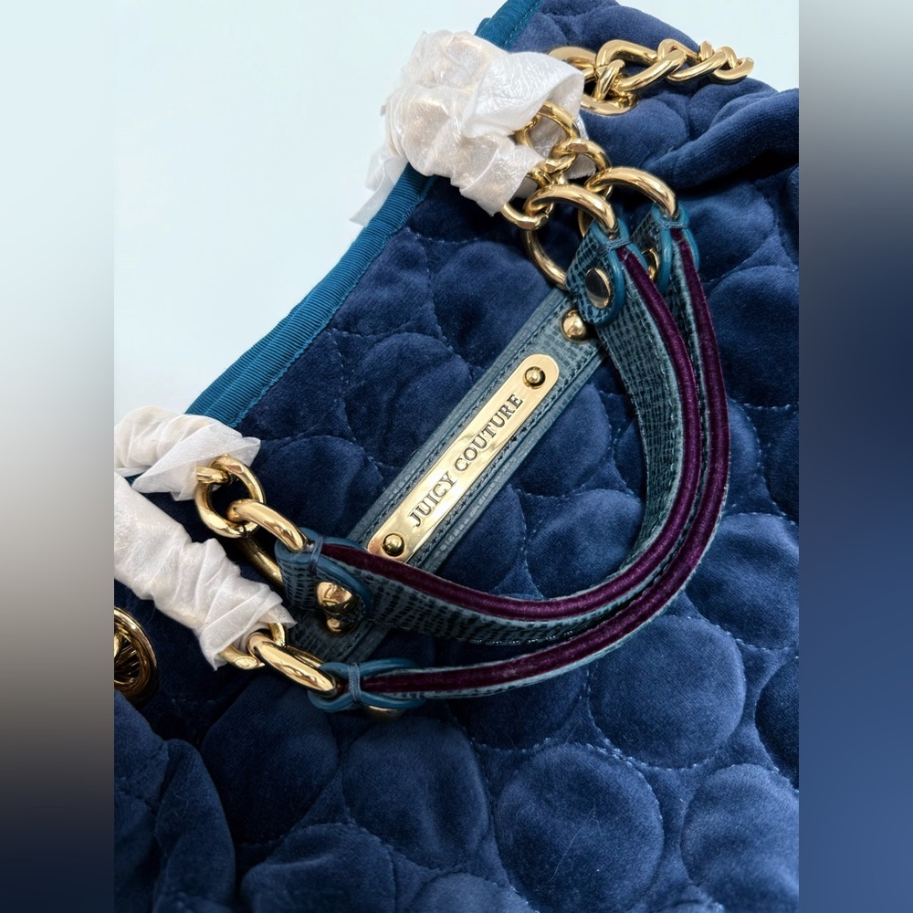 Juicy Couture Y2K Navy Velour Bubble Quilted Satchel Gold Chain NWT - Picture 6 of 12